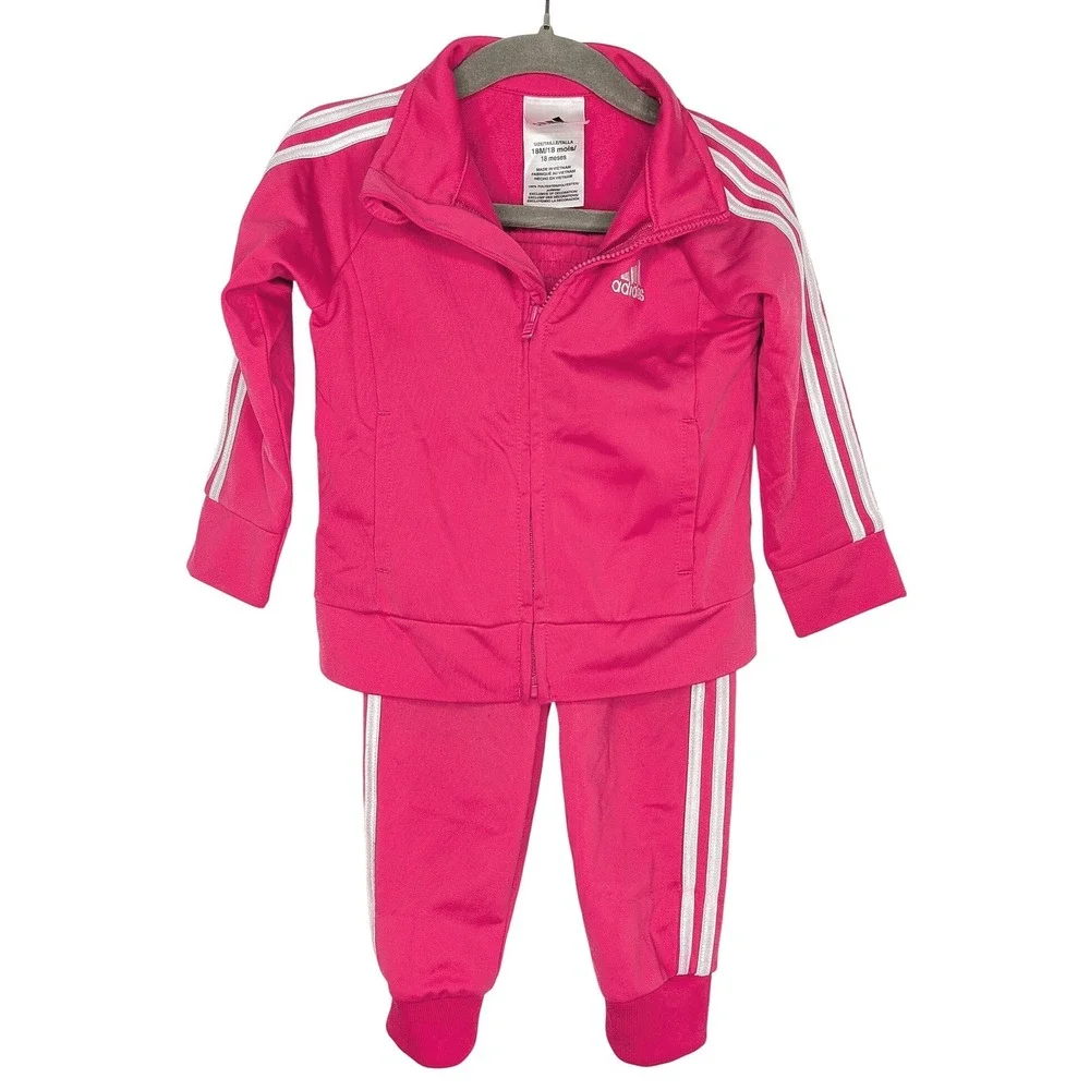 Adidas Kids Pink 3-Stripe Full Zip Tracksuit Jacket and Pants Set 18M AG0131